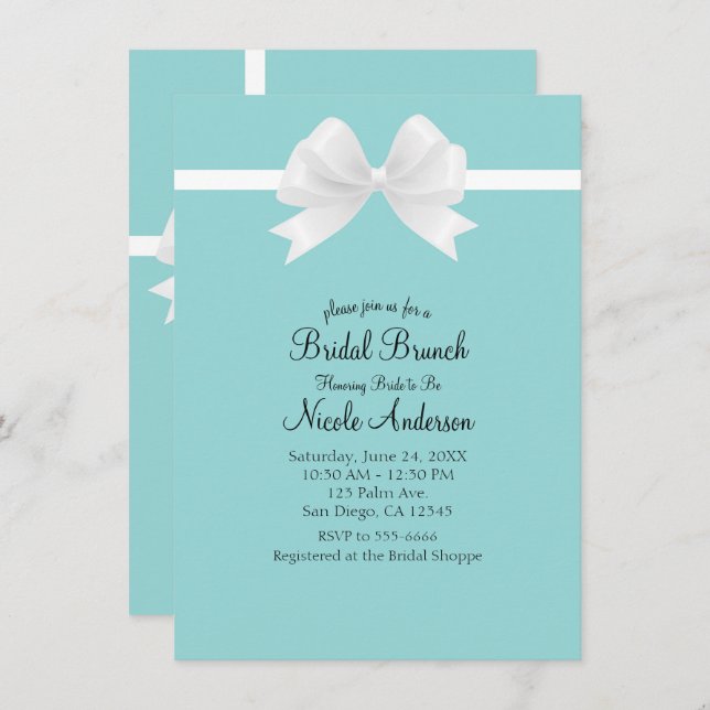 Turquoise Blue Minimal White Bow Bridal Shower Invitation (Front/Back)