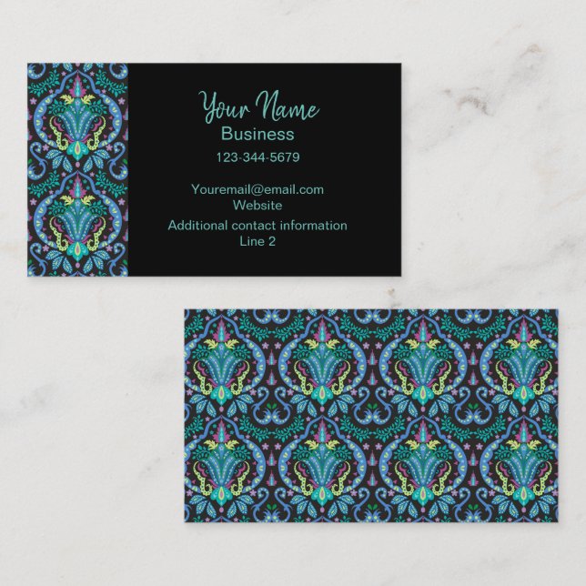 Turquoise Blue Modern Damask Art Graphic Floral Business Card (Front/Back)