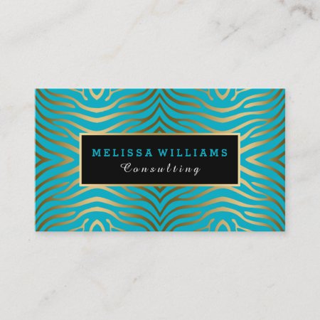 Turquoise Blue & Modern Gold Zebra Stripes Business Card