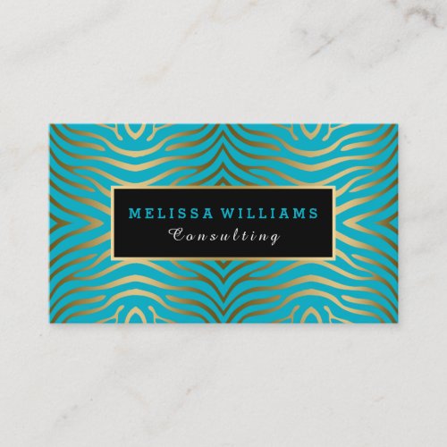 Turquoise Blue  Modern Gold Zebra Stripes Business Card