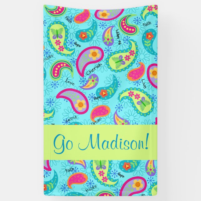 Turquoise Blue Modern Paisley Name Personalized Banner (Vertical)