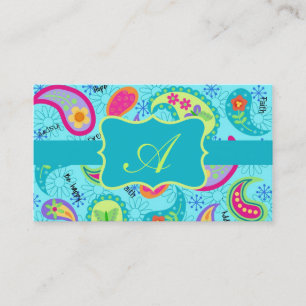 Turquoise Blue Modern Paisley Pattern Monogram Business Card