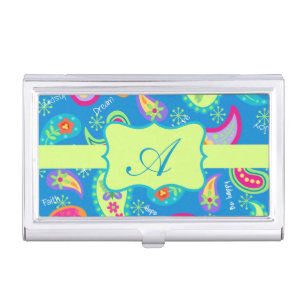 Turquoise Blue Modern Paisley Pattern Monogram Case For Business Cards