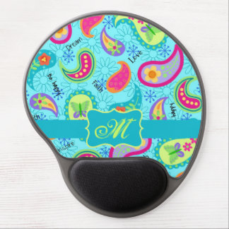 Turquoise Blue Modern Paisley Pattern Monogram Gel Mouse Pad