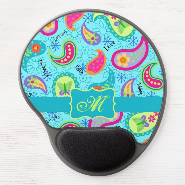 Turquoise Blue Modern Paisley Pattern Monogram Gel Mouse Pad (Front)