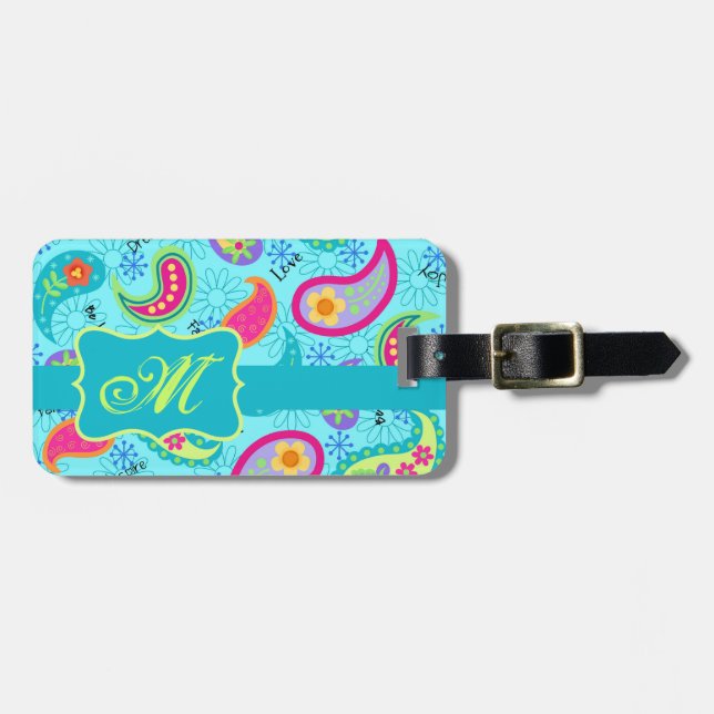 Turquoise Blue Modern Paisley Pattern Monogram Luggage Tag (Front Horizontal)
