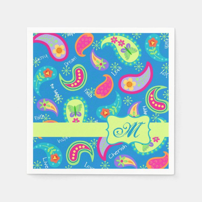 Turquoise Blue Modern Paisley Pattern Monogram Napkins (Front)
