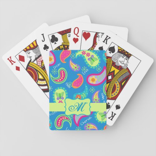 Turquoise Blue Modern Paisley Pattern Monogram Poker Cards