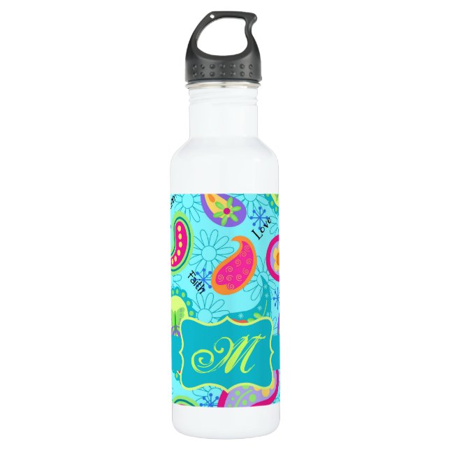 Turquoise Blue Modern Paisley Pattern Monogram Water Bottle (Front)