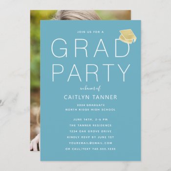 Turquoise Blue Modern Photo Graduation Party Invitation by dulceevents at Zazzle