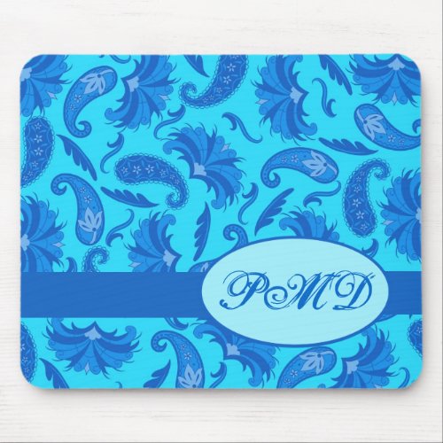 Turquoise Blue Monogram Initials Parisian Paisley Mouse Pad