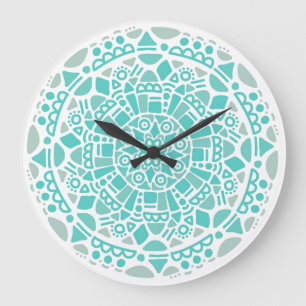 Turquoise Blue Mosaic Fresh White Boho Mandala Large Clock