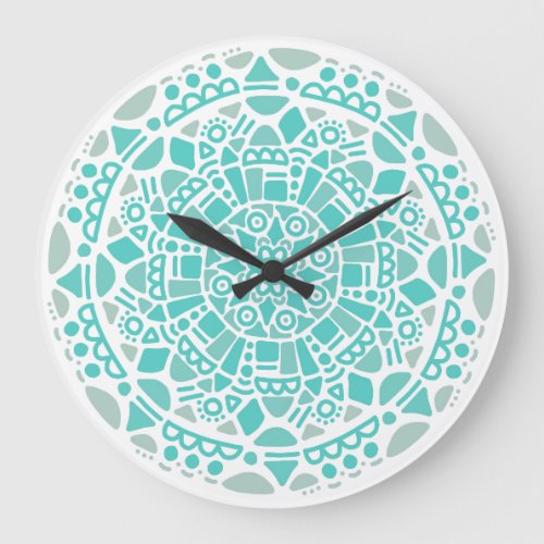 Turquoise Blue Mosaic Fresh White Boho Mandala Large Clock