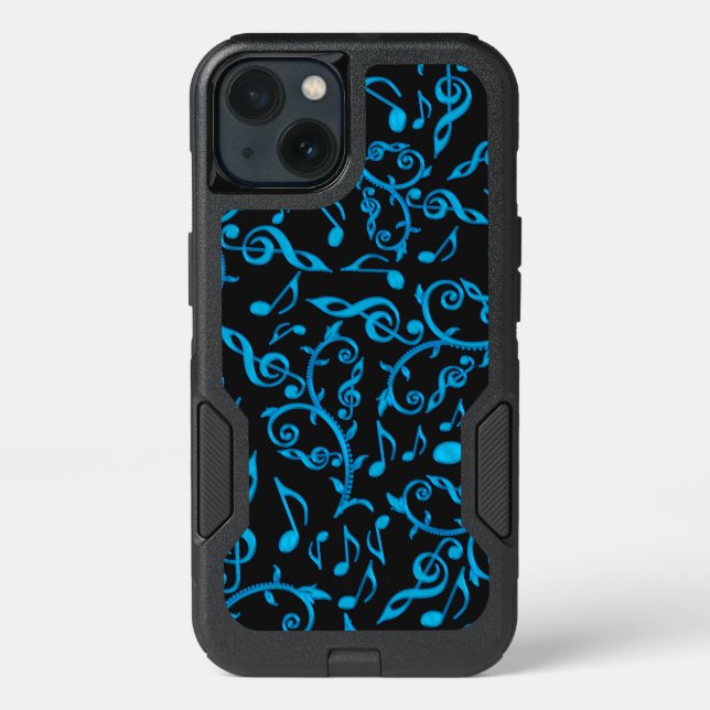 Turquoise Blue Music Notes On Black Otterbox Case (Back)