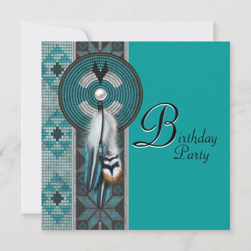 Turquoise Blue Native American Birthday Party Invitation