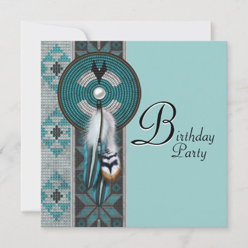 Turquoise Blue Native American Birthday Party Invitation