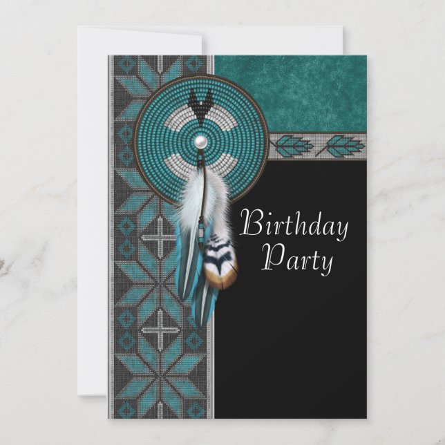 Turquoise Blue Native American Birthday Party Invitation (Front)