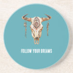 Turquoise Blue Native Tribal Bull Horns Skull  Coaster