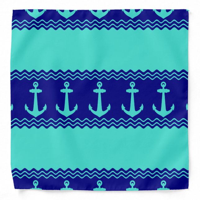 Turquoise Blue Nautical Anchor Coastal Stripes Bandana (Front)