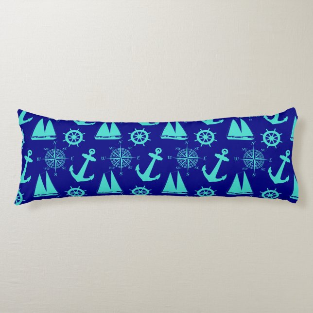 Turquoise Blue Nautical Coastal Boating Body Pillow (Front)