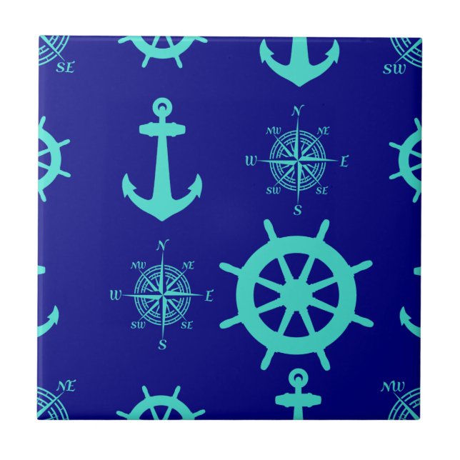 Turquoise Blue Nautical Coastal Boating Ceramic Tile (Front)
