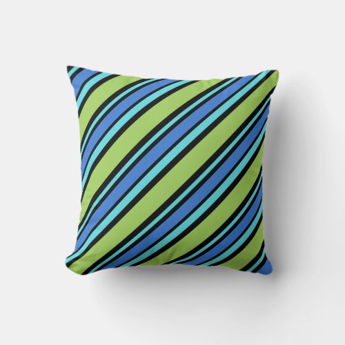 Turquoise Blue Neon Green Black Diagonal Stripes Throw Pillow