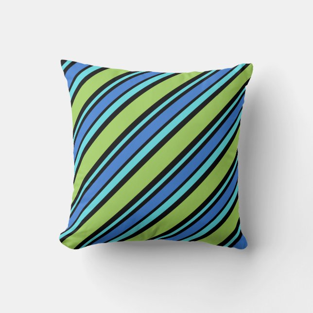 Turquoise, Blue, Neon Green Black Diagonal Stripes Throw Pillow (Front)