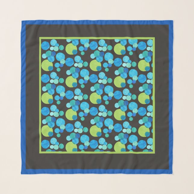 Turquoise Blue Neon Green Emerald Pattern on Black Scarf (Front)