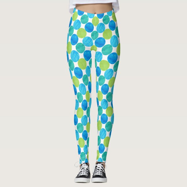 Turquoise Blue Neon Green Jumbo Polka Dots Leggings (Front)
