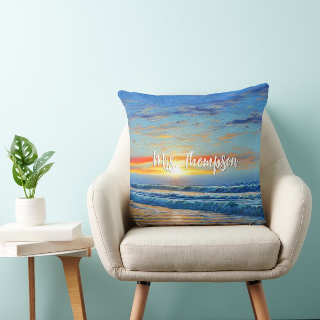 Turquoise blue ocean at sunset throw pillow (Chair)