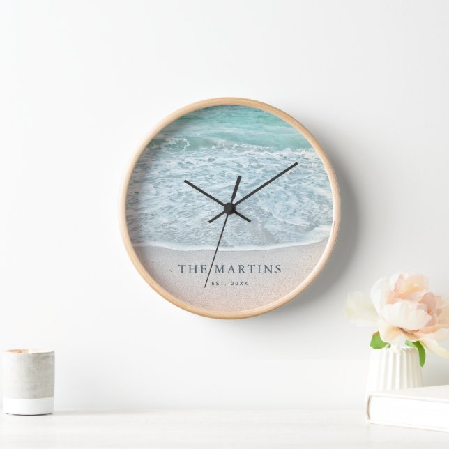 Turquoise Blue Ocean Family Name Established Year Clock (Home)