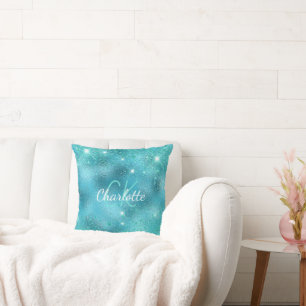 Turquoise blue ocean metallic glitter monogram throw pillow
