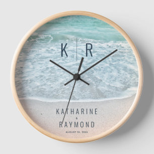 Turquoise Blue Ocean Monogram Wedding Clock