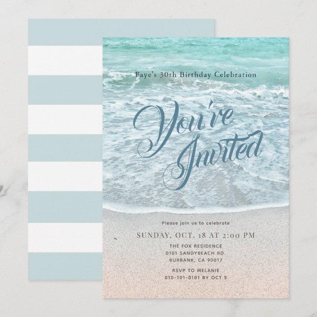 Turquoise Blue Ocean Sandy Beach Birthday Invitation (Front/Back)