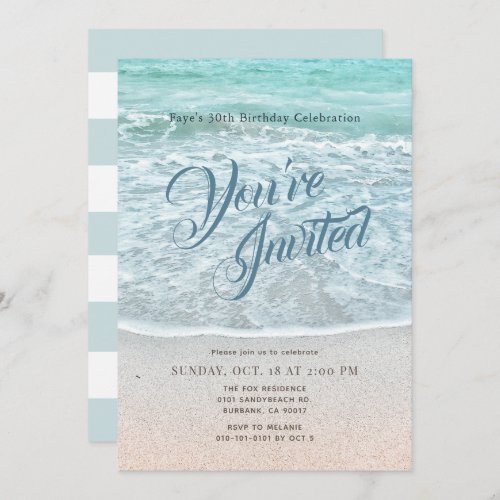 Turquoise Blue Ocean Sandy Beach Birthday Invitation