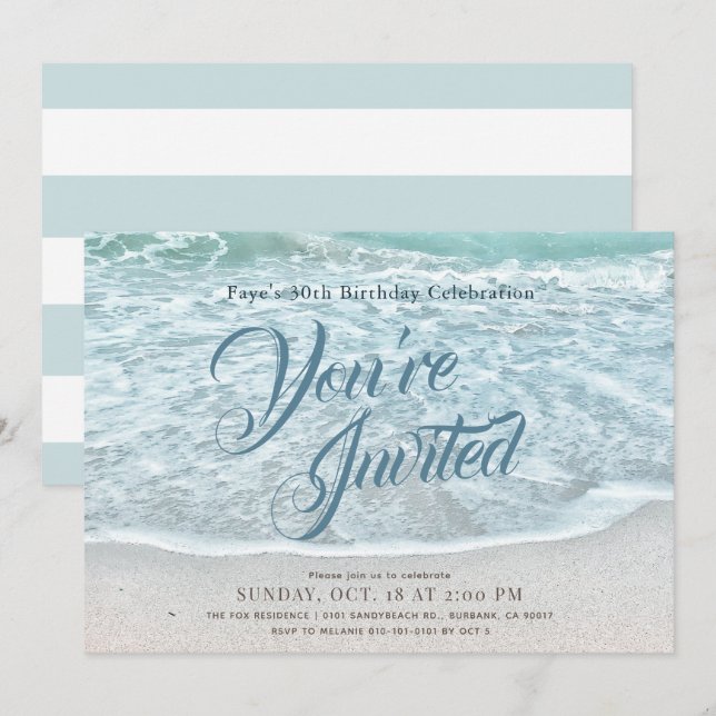 Turquoise Blue Ocean Sandy Beach Birthday Invitation (Front/Back)