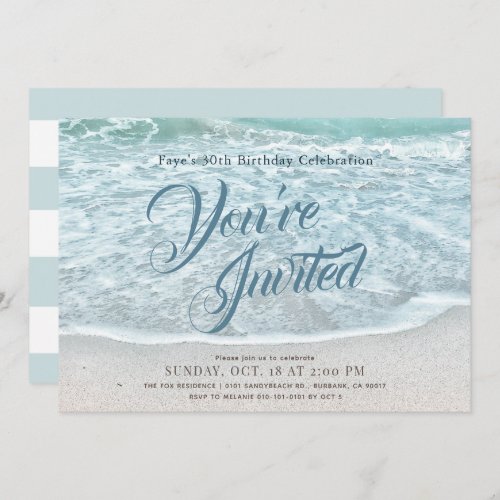 Turquoise Blue Ocean Sandy Beach Birthday Invitation