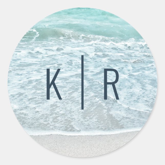 Turquoise Blue Ocean Sandy Beach Monogram Wedding Classic Round Sticker (Front)