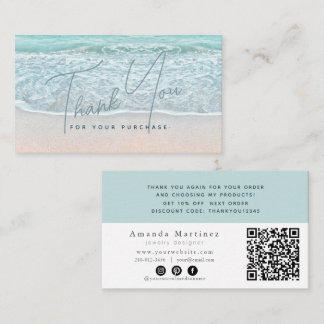 Turquoise Blue Ocean Sandy Beach Thank You QR Business Card