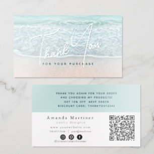 Turquoise Blue Ocean Sandy Beach Thank You QR Foil Business Cards