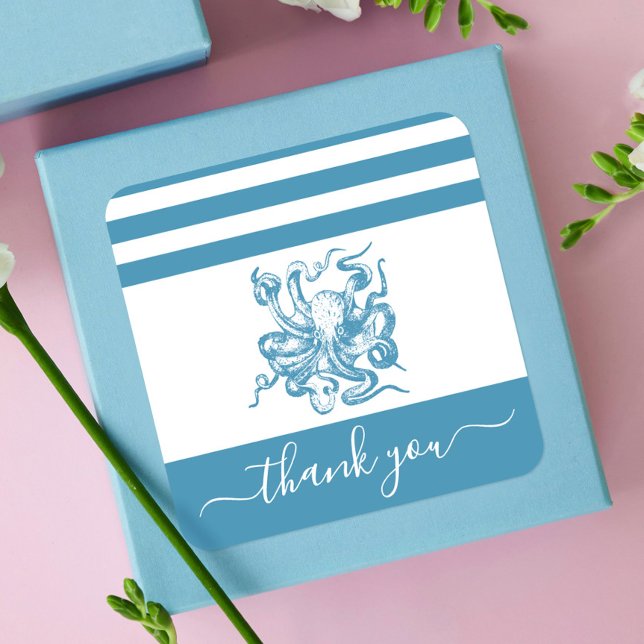 Turquoise blue octopus beach thank you script square sticker (Creator Uploaded)