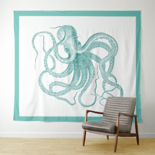 Turquoise blue octopus illustration tapestry
