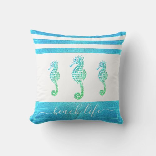 Turquoise blue ombre 3 seahorses beach life script throw pillow