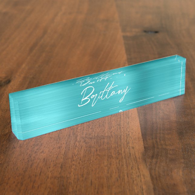 Turquoise Blue Ombre Foil Modern Brush Script Desk Name Plate (Side)