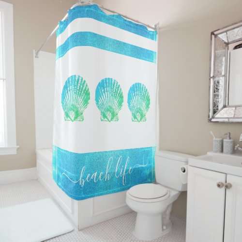 Turquoise blue ombre seashell beach life script shower curtain