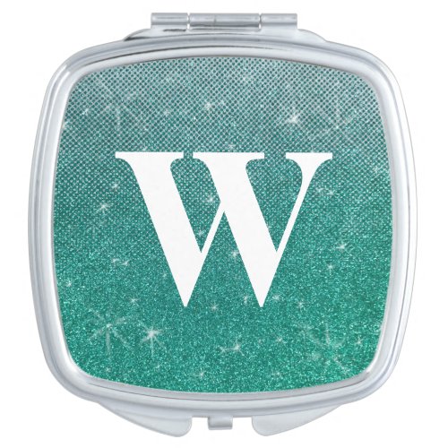 Turquoise Blue Ombre Sparkles Glitter Monogram Compact Mirror