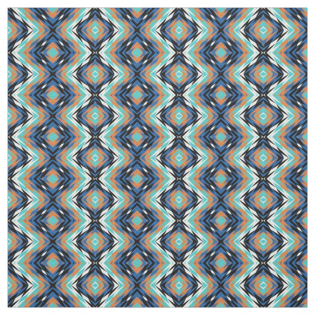 Turquoise Blue Orange Black Aztec Mosaic Pattern Fabric (Swatch)