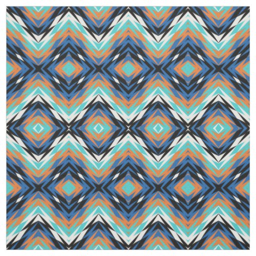 Turquoise Blue Orange Black Aztec Mosaic Pattern Fabric