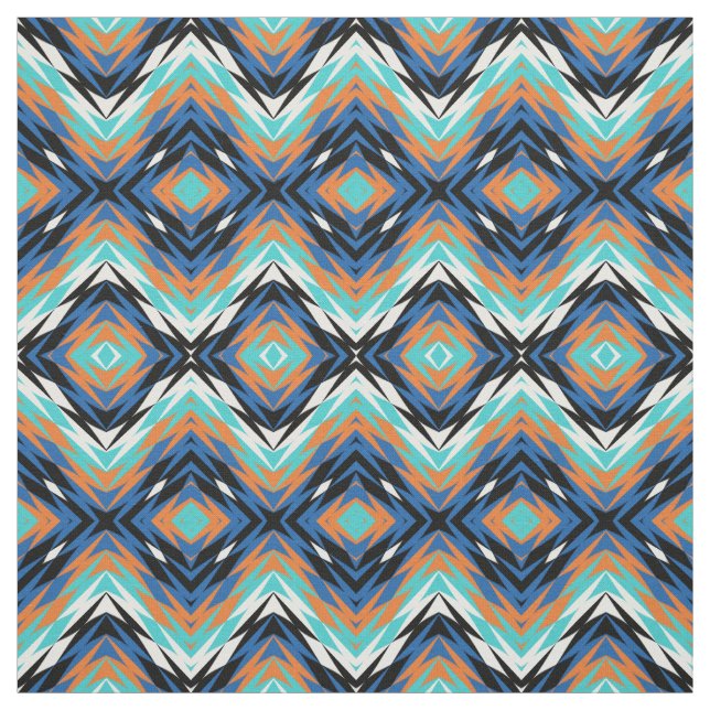 Turquoise Blue Orange Black Aztec Mosaic Pattern Fabric (Swatch)