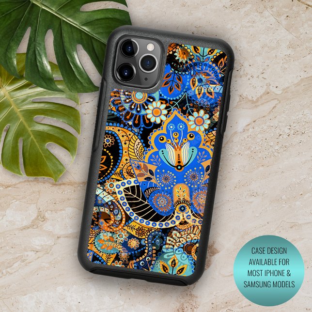 Turquoise Blue Orange Black Paisley Floral Art Otterbox iPhone Case (Creator Uploaded)